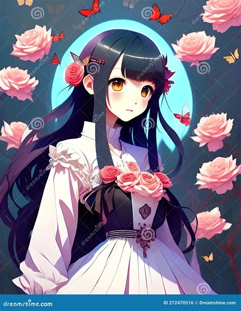 Cute Anime Girl Long Hair Roses Flowers Romantic Fantasy Character Illustration Stock ...