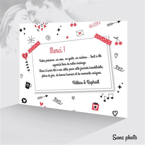 Carte de remerciement mariage glamour originale avec ou sans photo ...