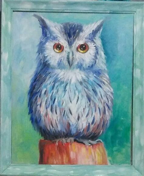 New (never used) - Original oil painting 20x24 framed owl painting with blue, white, green, red ...