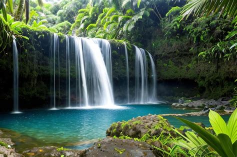 Premium AI Image | a waterfall in the middle of a lush green forest