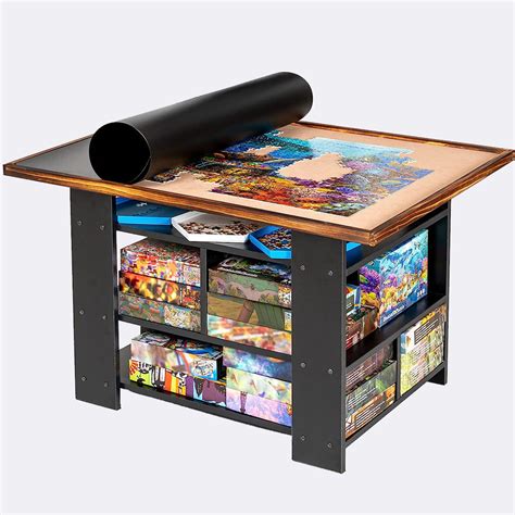 Storage Puzzle Tables with Shelves & Cover, Wooden Puzzle Table for 15 ...