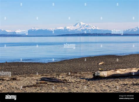 Looking east from beach of Boundary Bay Park in Tsawwassen, BC towards Blaine and Mount Baker in ...