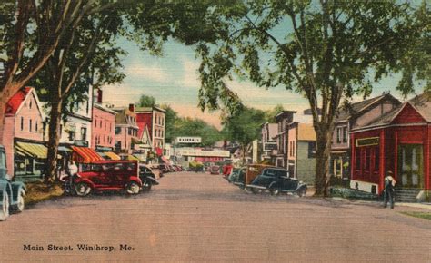 Vintage Postcard 1930's Main Street Shopping Winthrop Maine Tichnor Quality Pub. | United States ...