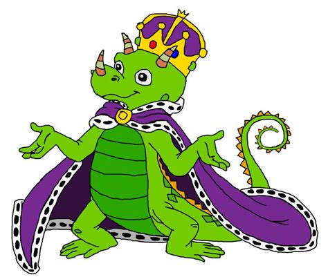 a green and purple dragon with a crown on it's head, sitting down