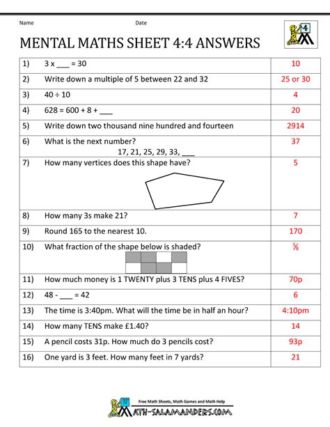 Mental Maths Test Year 4 Worksheets