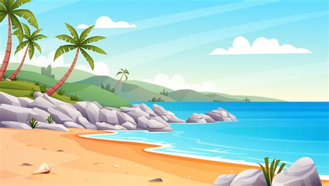 paisaje de playa tropical con palmeras y rocas en la ilustración de dibujos animados de la ...