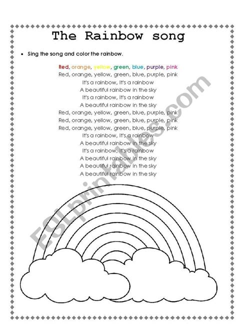 A worksheet with the rainbow song lyrics and a coloring activity. | Rainbow songs, English ...