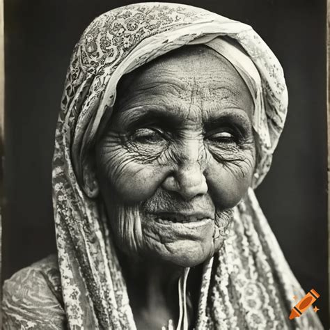 Vintage black and white portrait of an elderly pakistani immigrant woman on Craiyon