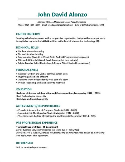 Objective For Resume Sample Resume Format For Fresh Graduates Single Page 32 - wikiresume.com