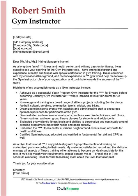 Gym Instructor Cover Letter Examples - QwikResume