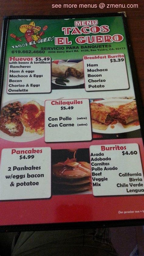 Menu at Tacos El Guero restaurant, San Diego, Dairy Mart Rd #126