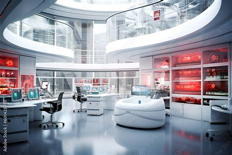 Smooth clean white and red futuristic interior, science fiction lab or space ship. Created with ...