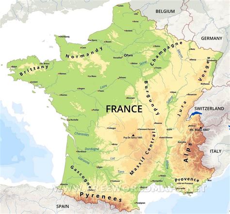 Physical map of France - France physical features map (Western Europe ...