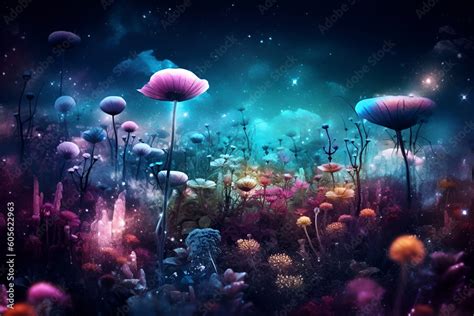 Abstract fantasy space plants and glowing flowers. Extraterrestrial galaxy background with ...
