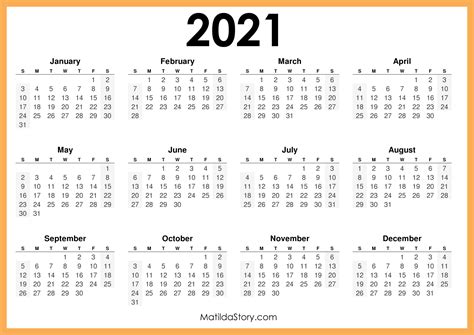 2021 Printable Free Calendar, Horizontal, Orange – Sunday Start, HD – MatildaStory.com