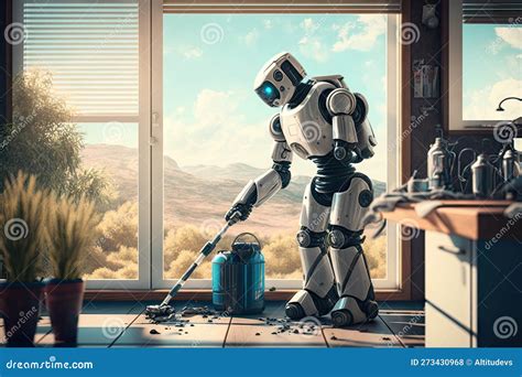 Robot Performing a Cleaning Routine, with a View of the Outdoors ...