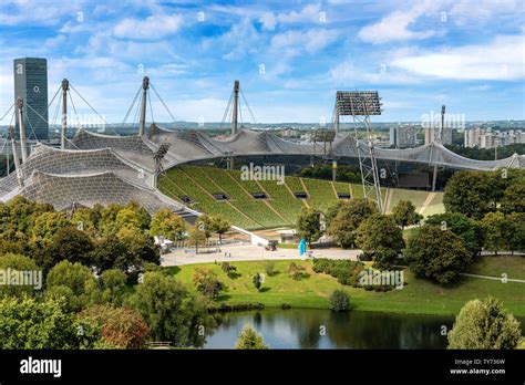 Aerial view of the Munich Olympic Stadium (Munchner Olympiastadion 1972 ...