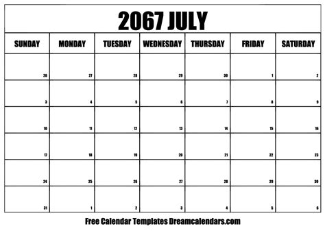 July 2067 Calendar - Free Printable with Holidays and Observances