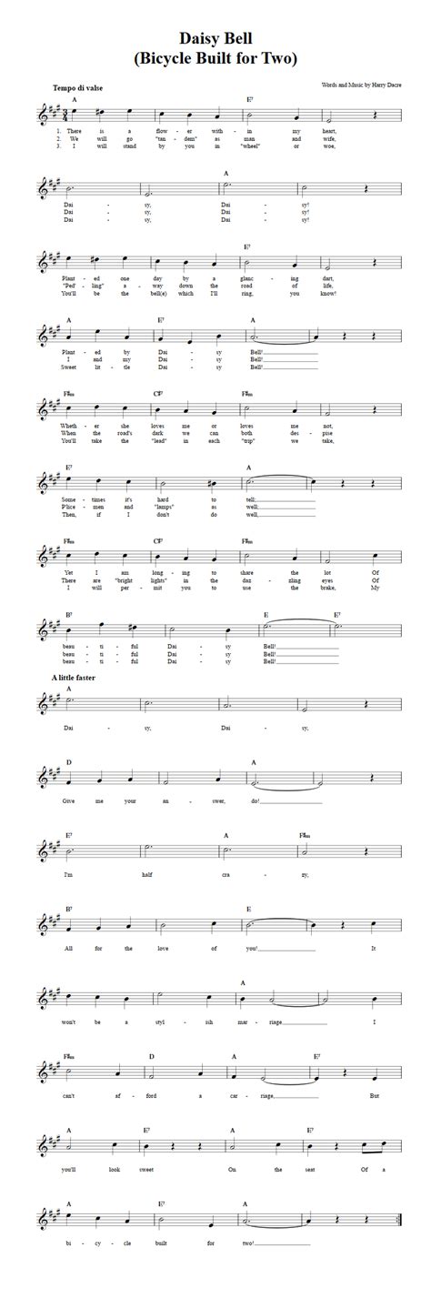 Daisy Bell B-Flat Instrument Sheet Music (Lead Sheet) with Chords and ...