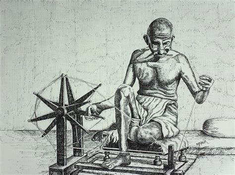 Gandhi Spinning the Charkha Drawing by Mahua Pal | Saatchi Art