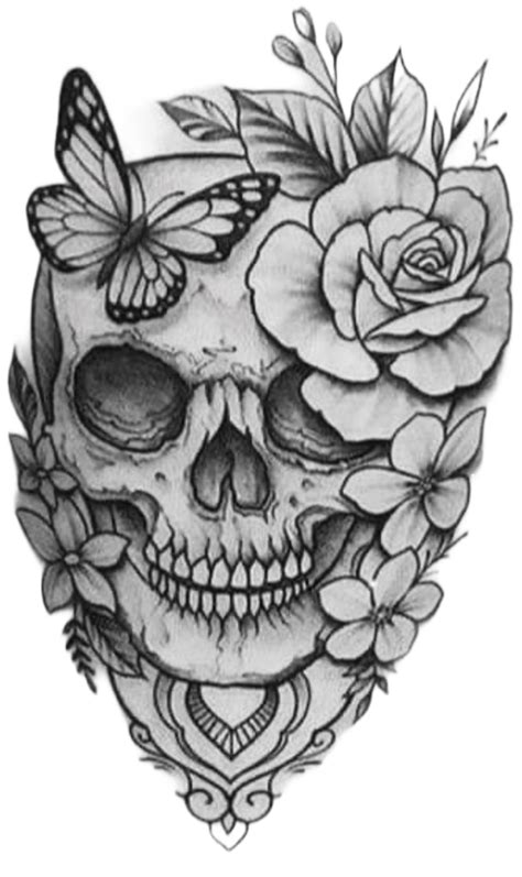 Floral Skull Tattoo Design with Roses and Butterflies