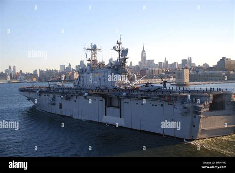 The amphibious assault ship USS Nassau (LHA-4) arrives in New York City ...