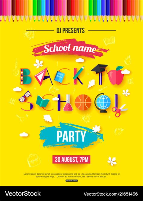 Back to school party invitation design Royalty Free Vector