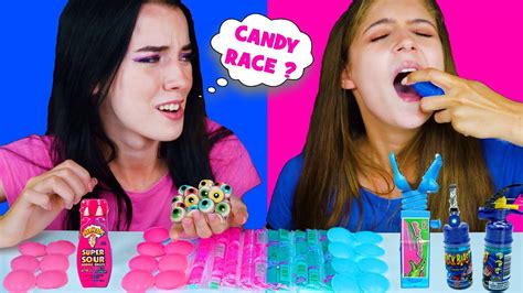 ASMR Candy Race Pink and Blue with Sour and Sweet | Eating Sounds LiLiBu - YouTube