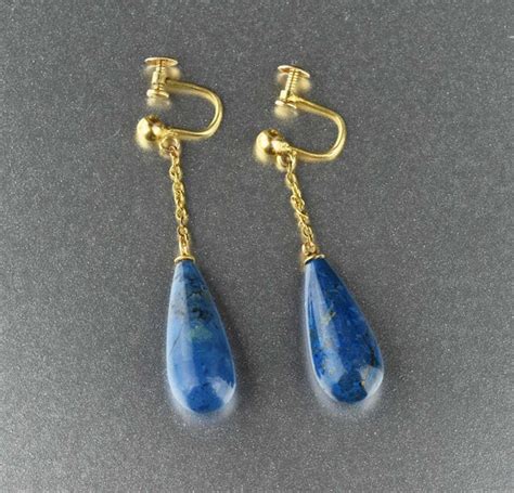 Long Lapis Lazuli Earrings Antique 9K Gold Boylerpf