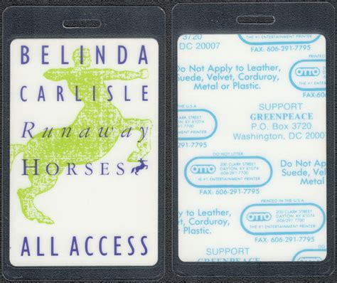 Belinda Carlisle OTTO Laminated All Access Pass from the 1990 Runaway Horses Tour