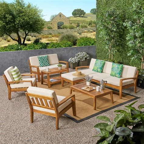 Wilcox Outdoor 9 Piece Acacia Wood Sectional Sofa Set with Cushions, Teak, Beige - Walmart.com ...