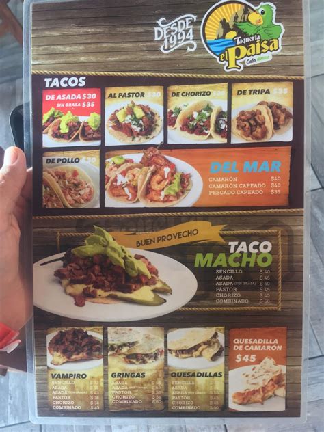 Menu at Tacos el paisa restaurant, Mazatlán