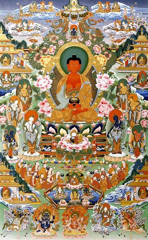 Amitabha in his pure land Sukhavati (Dewachen) Amitabha Buddha, Gautama Buddha, Tibetan Art ...