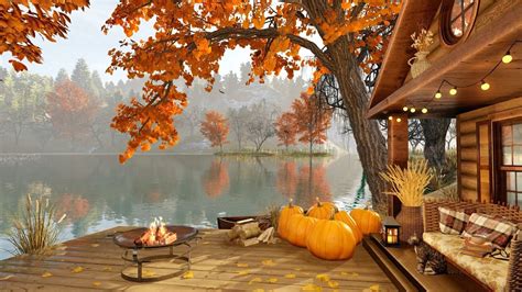 Autumn Cozy Lake House Porch in Rainy Morning with Bonfire, Relaxing Crickets and Fall Ambience ...