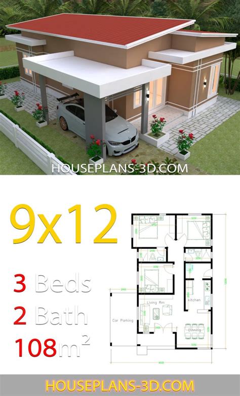 House design 9x12 with 3 bedrooms slop roof - House Plans 3D | House construction plan, Model ...