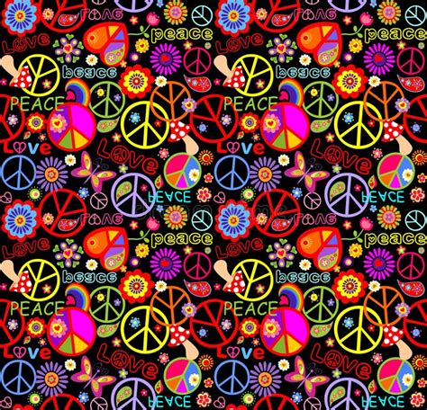 Hippie Vivid Colorful Wallpaper with Abstract Flowers, Hippie Peace Symbol, Butterfly ...