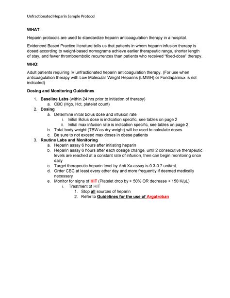 Heparin Therapy Sample Protocol - Unfractionated Heparin Sample ...