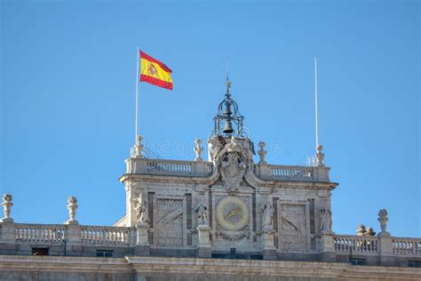 Waving spanish flag stock image. Image of statue, capital - 152629011