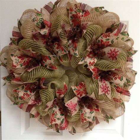 Christmas Ribbon Wreath Natural Burlap And Green Deco Mesh