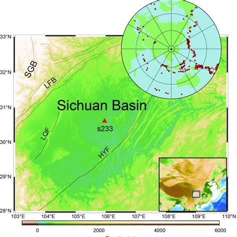 Topography of Sichuan Basin and its adjacent areas, position of s233 ...