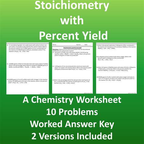 Percent Yield Stoichiometry Chemistry Worksheet 10 Problems with ...