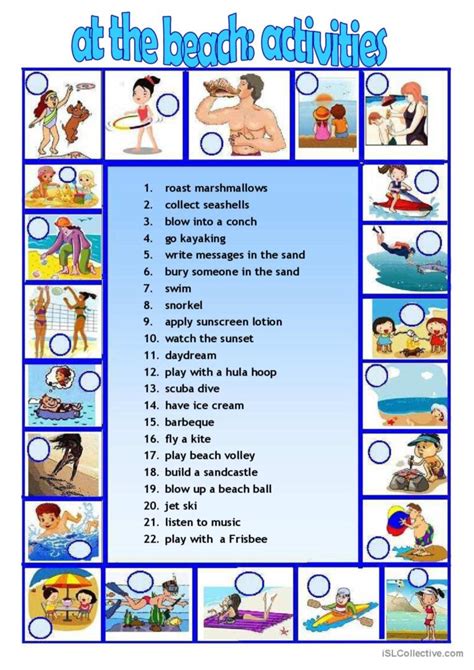 At the beach - Activities we do pict…: English ESL worksheets pdf & doc