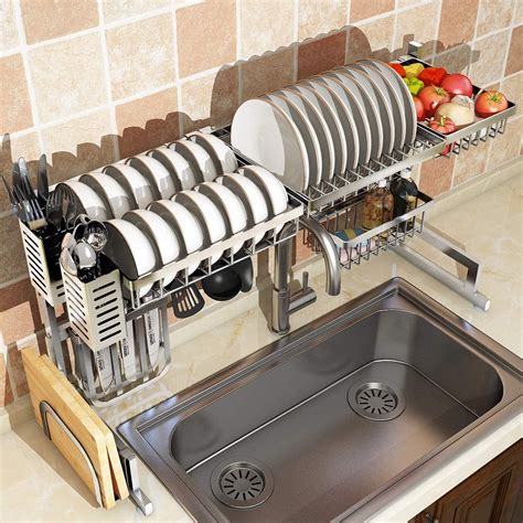 Over Sink Dish Drying Rack 2-Tier Stainless Steel Kitchen Shelf Cutlery Drainer - MyShopito