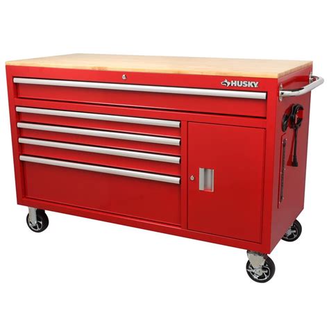 Husky 56 in. W 5-Drawer 1-Door, Deep Tool Chest Mobile Workbench in Gloss Red with Hardwood Top ...
