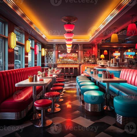 Retro vintage diner restaurant, interior design, stylish old fashioned ...