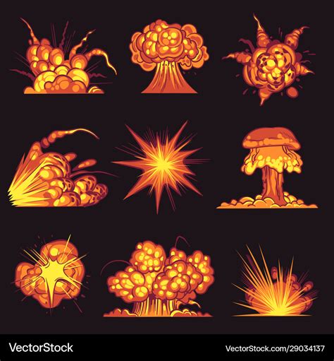 Cartoon explosions fire bang with smoke effect Vector Image