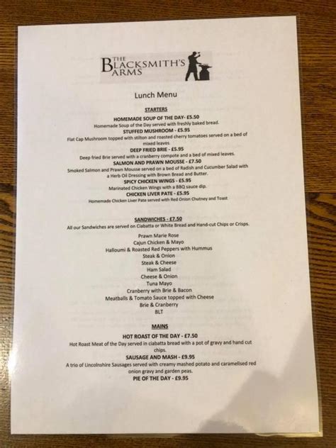 Menu at Blacksmith's Arms, Skendleby pub & bar, Spilsby, Main Road