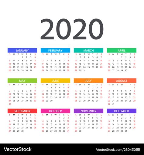 2020 calendar template year planner Royalty Free Vector