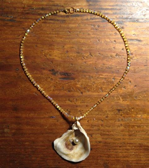 Oyster Shell Necklace with Faux Pearl and Iridescent Gold