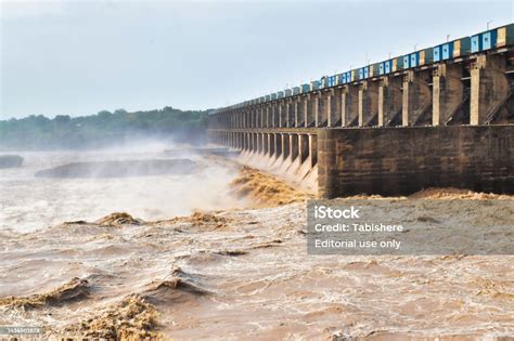 Dam On Tapti River Flowing After Heavy Rainfalls And 9 Gates Of The Dam ...